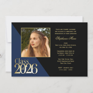Klasse 2026 Gold Grad Dunkelblau mit Foto Einladung
