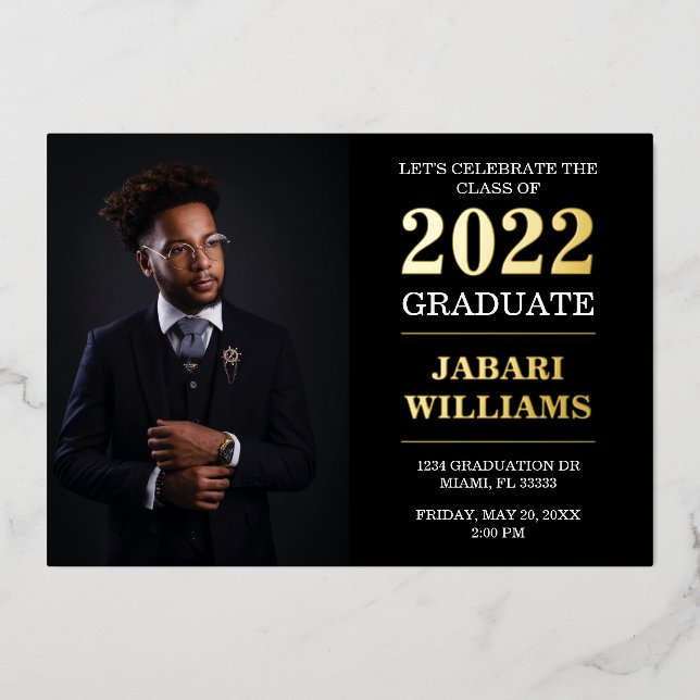 Klasse 20XX Abschluss, Ihr Foto, Schwarz Folieneinladung (Vorderseite)