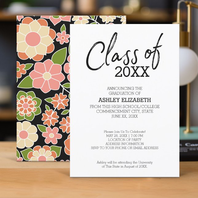 Klasse der ADD-JAHR-Blumenstudium Einladung (Graduation Invitation - Retro Funky)