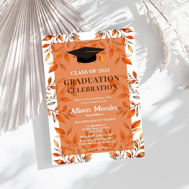 Klasse der Blätter Terracotta Orange 2024 Abschlus Einladung (Set the tone for your graduation party with our vibrant orange leaves invitation. 🎉🌺)