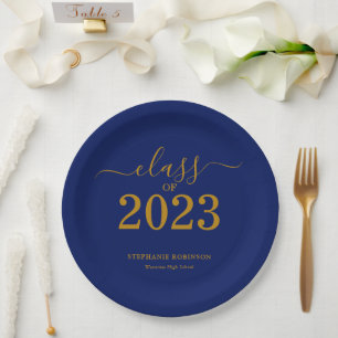 Klasse der Gold Navy Blue Graduation Party 2023 Pappteller