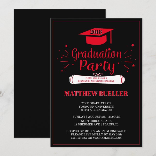 Klasse der Grad Cap Red Black Graduation Party 201 Einladung (Vorne/Hinten)