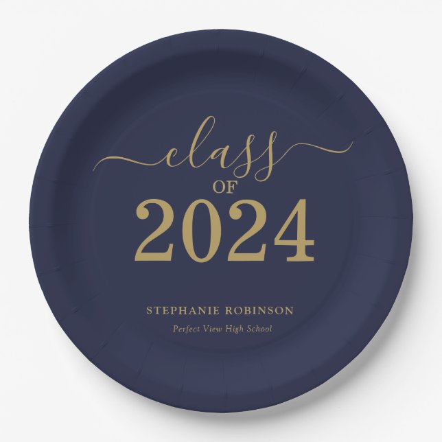 Klasse der Navy Blue Gold Graduation Party 2024 Pappteller (Vorderseite)