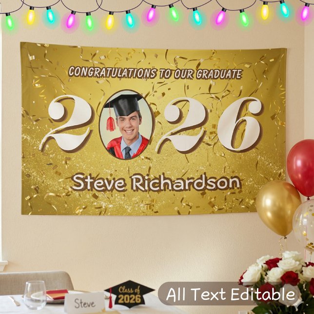 Klasse des 2025 Gold Confetti-Glitzer Custom Foto Banner (Von Creator hochgeladen)