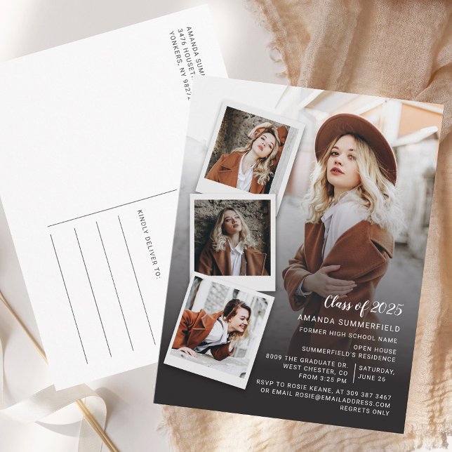 Klasse des 2025 Grad Foto Collage Script-Abschluss Einladungspostkarte (Class of 2025 Grad Photo Collage Script Graduation Invitation Postcard)