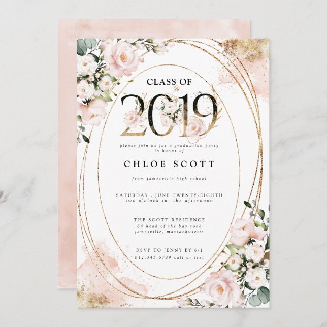 Klasse des Abschlusses Blush Pink Gold 2019 Einladung (Vorne/Hinten)