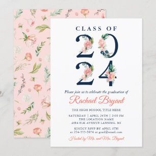 Klasse des Abschlusses "Watercolor Coral Floral" 2 Einladung