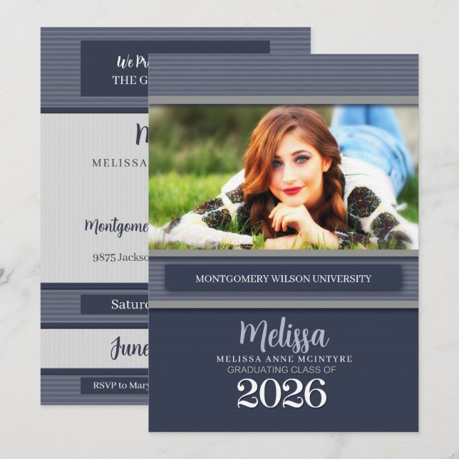 Klasse des Blue Pinstripe Foto Abschluss 2025 Einladung (Vorne/Hinten)