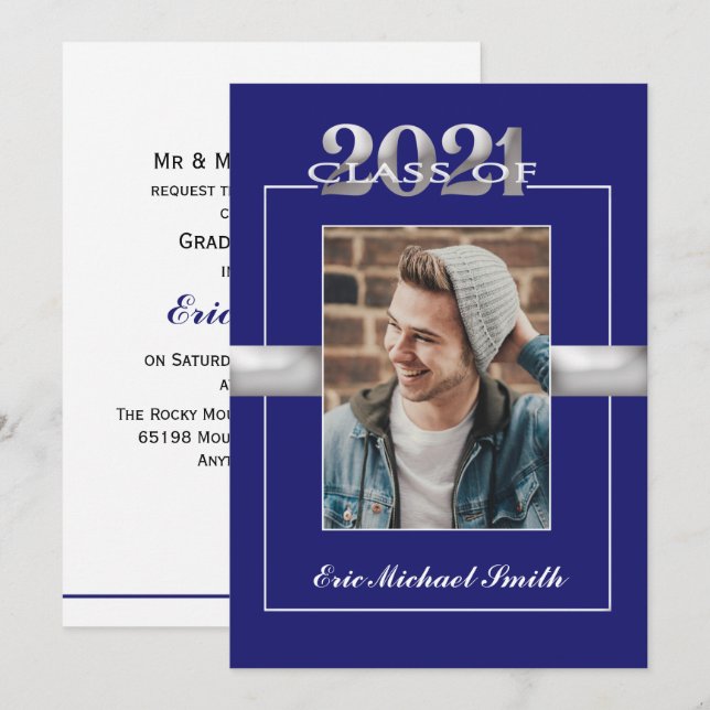 Klasse des Fotos der Blue Silver Graduation Party  Einladung (Vorne/Hinten)