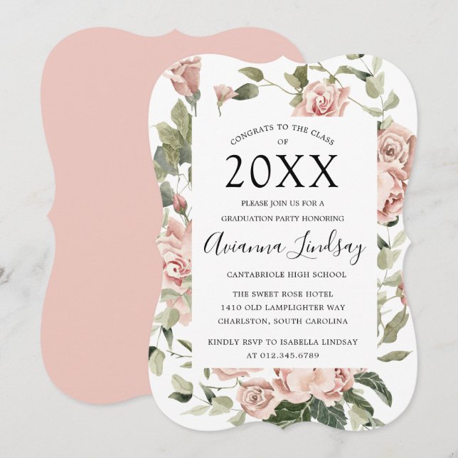 Klasse des Hübschen Abschlusses "Rosa Rose" 2022 Einladung (Vorne/Hinten)