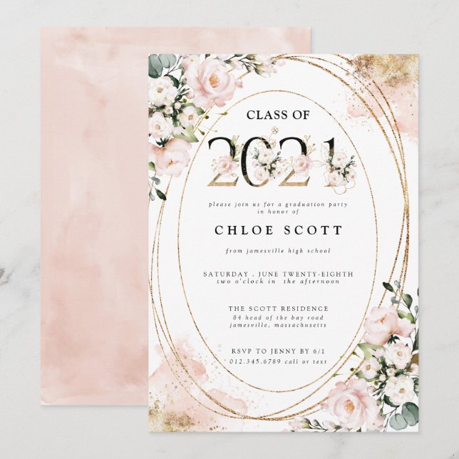 Klasse des rosa-rosa-goldenen Abschlusses 2021 Einladung (Vorne/Hinten)