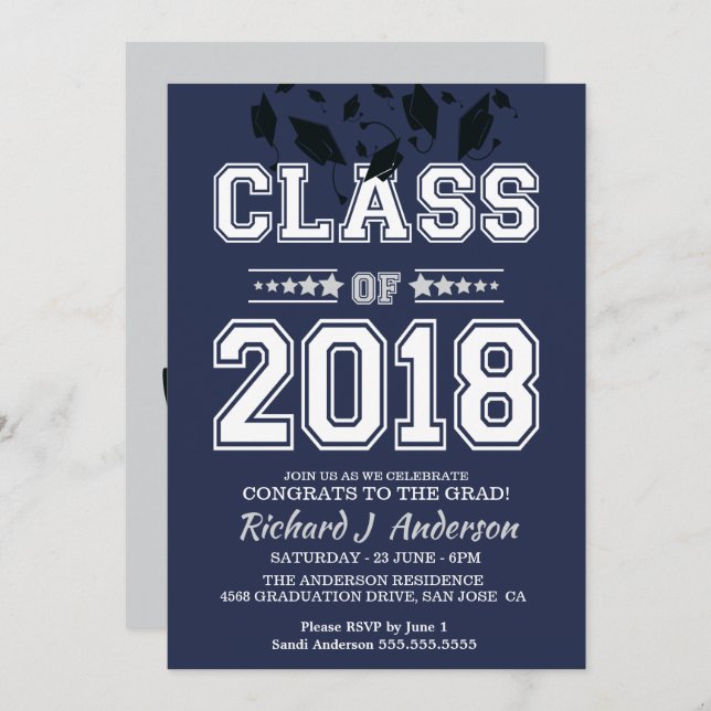 Klasse des Silver and Blue Grad Party 2018 Einladung (Vorne/Hinten)