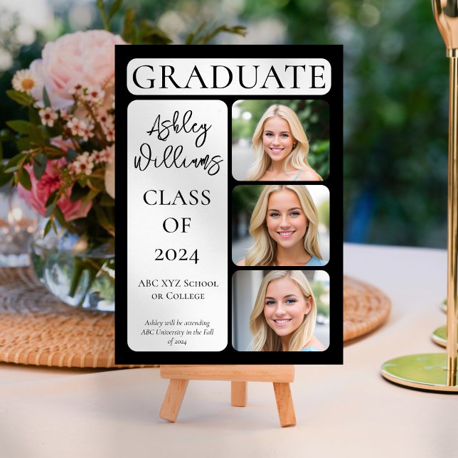 Klasse Elegant Minimalistisch Graduate 3 Foto Ankündigung (Classy Elegant Minimalist Modern "Graduate" Portrait Style 3-Photo Graduation Announcement - Black)