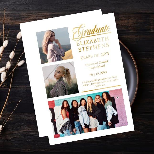 Klasse Eleganter Graduate Abschluss 3 Foto Folieneinladung (Classy and Elegant Script Text "Graduate" 3-Photo Gold Foil and White Graduation Announcement)