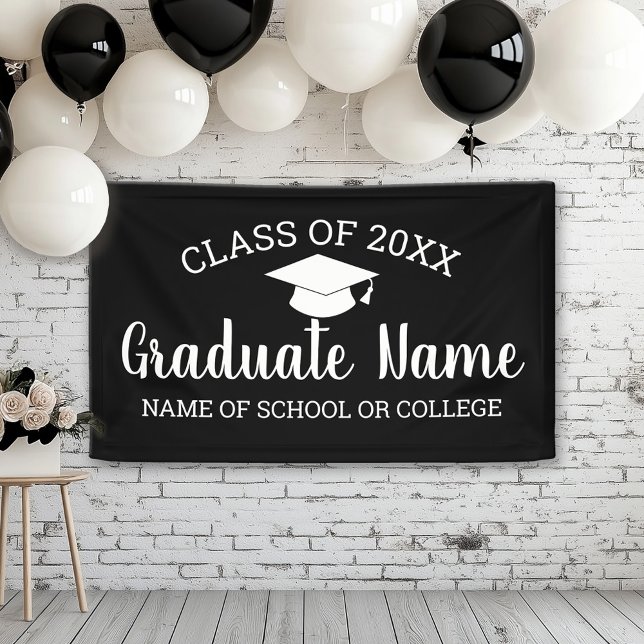 Klasse Grad Abschluss Script Schwarz-weiß Banner (Custom Graduation Banner for a Grad Party or Open House)