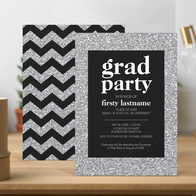 Klasse - Graduierungspartei schwarzer silberner Gl Einladung (Graduation Party Invitation - black and silver)