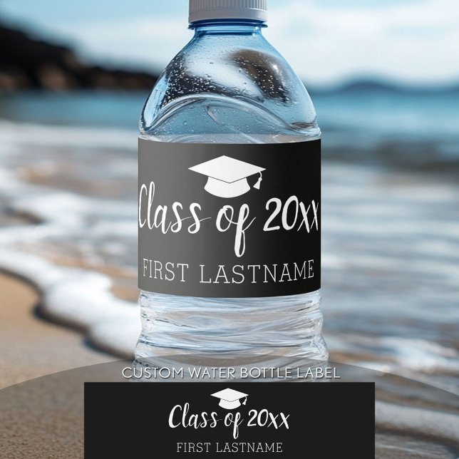 Klasse Jahr und Name - Graduationsstufe Schwarz Wasserflaschenetikett (Custom Graduation Water Bottle Label)