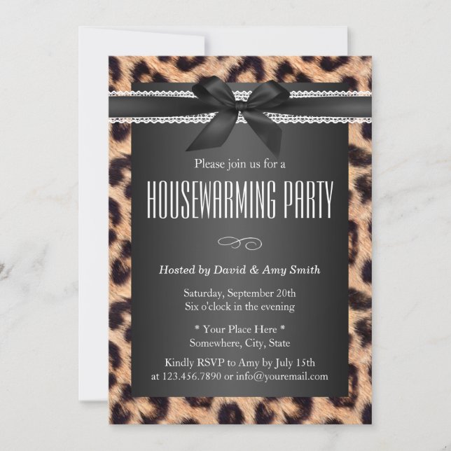 Klasse Leopard Print Black Ribbon Housewarming Einladung (Vorderseite)