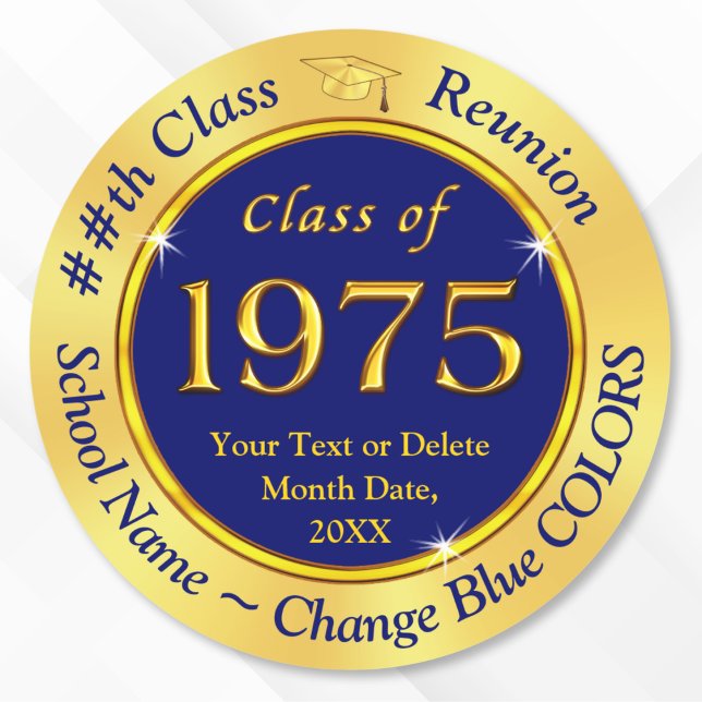 Klasse von 1975, Wiedersehen Stickers für benutzer (Class of 1975 Reunion Stickers for 50th class reunion favor stickers for goodie bags. Blue and Gold.)