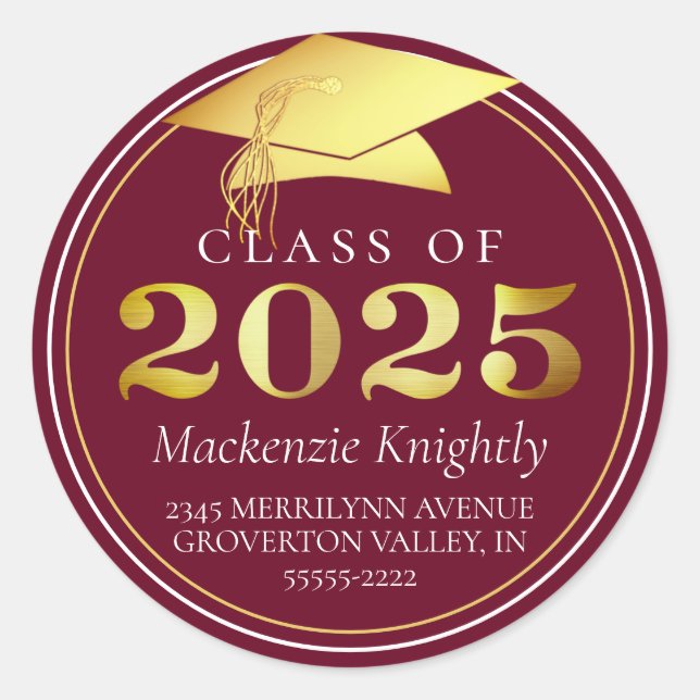 Klasse von 2025 Elegant Burgundy Maroon Gold Runder Aufkleber (Vorderseite)