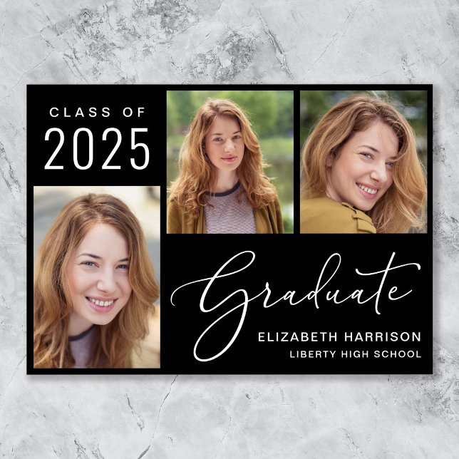 Klasse von 2025 Foto Script Black Abschluss Ankündigung (Cherish the milestone: share your graduate's achievement with a custom photo graduation announcement)