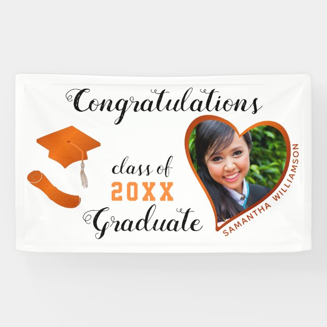 Klasse von 2025 Grad Foto White & Orange Abschluss Banner (Horizontal)