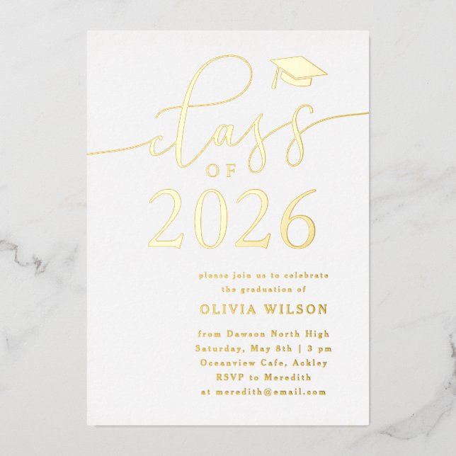 Klasse von 2025 Grad Party Weißes Gold Folieneinladung (Vorderseite)