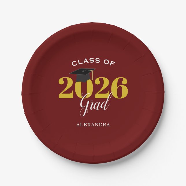 Klasse von 2025 Grad Simple Maroon and Gold Pappteller (Vorderseite)