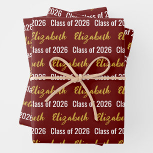 Klasse von 2025 Graduate's Name Dark Red White Gol Geschenkpapier Set