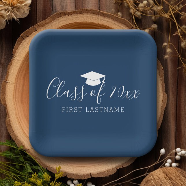 Klasse von 20xx Trendy Script und Name - Navy Blue Pappteller (Personalized party plates with graduation theme)