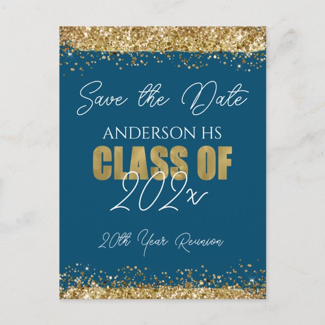 Klasse Wiedersehen Blue und Gold Save the Date Pos Postkarte (Vorderseite)