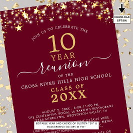 Klasse Wiedersehen Burgundy Gold Stars leuchten je Einladung