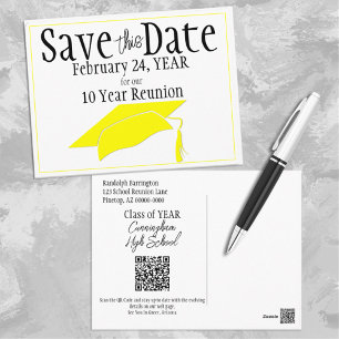 Klasse Wiedersehen Save the Date Gelber Cap QR-Cod Postkarte