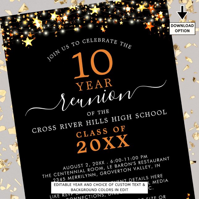 Klasse Wiedersehen Schwarz-Orange-Leuchten jedes J Einladung (Von Creator hochgeladen)