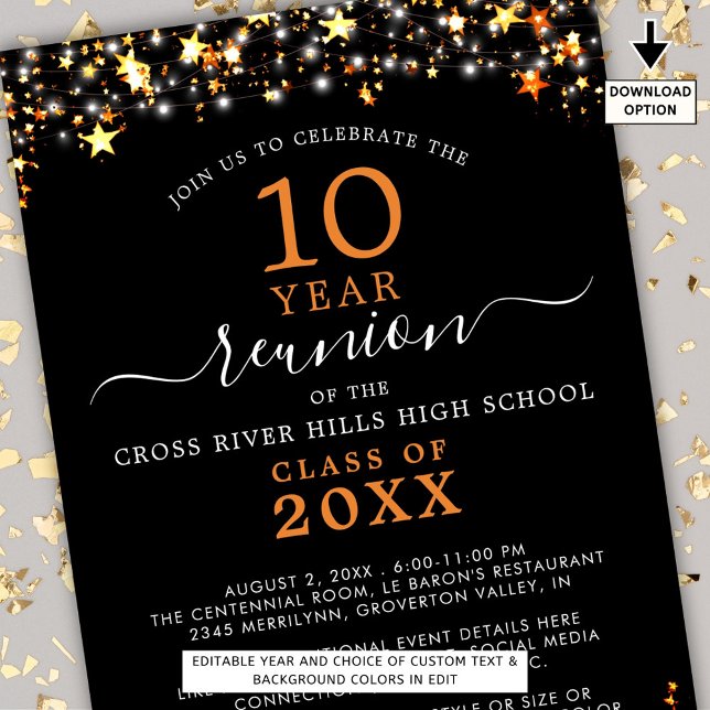 Klasse Wiedersehen Schwarz-Orange-Leuchten jedes J Einladung (Von Creator hochgeladen)