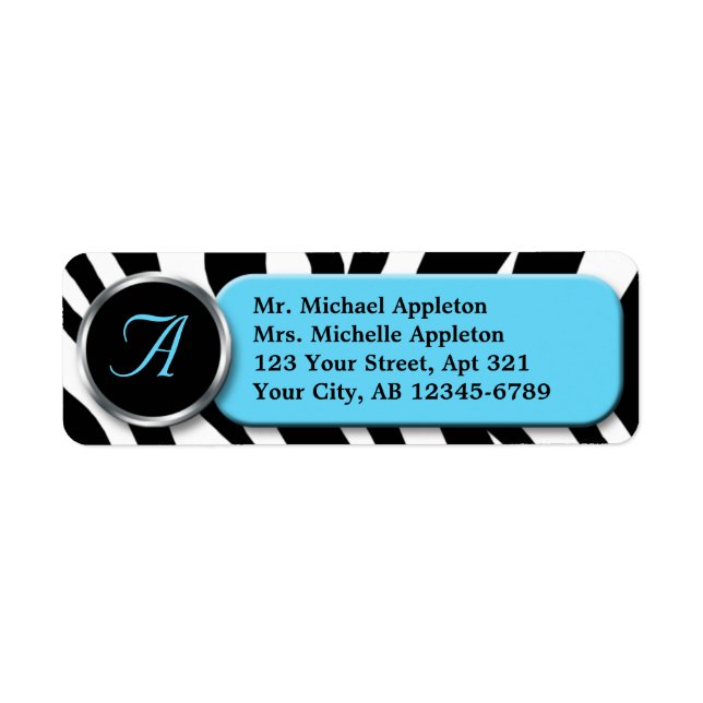Klasse Zebra Print Aqua Monogram Address Labels (Vorne)