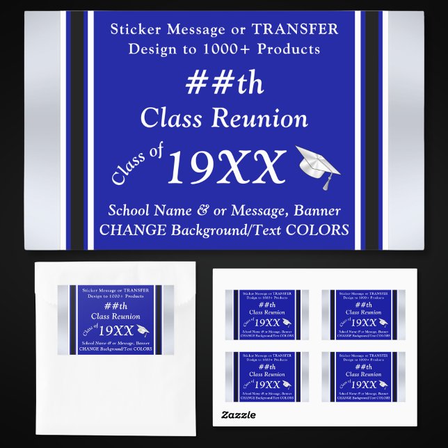 Klassen-Wiedersehen-Sticker, ÄNDERUNGSFARBEN, Wied Rechteckiger Aufkleber (Class Reunion Stickers. Class Reunion Party Supplies. Royal Blue, Black and White, Reunion Stickers.)