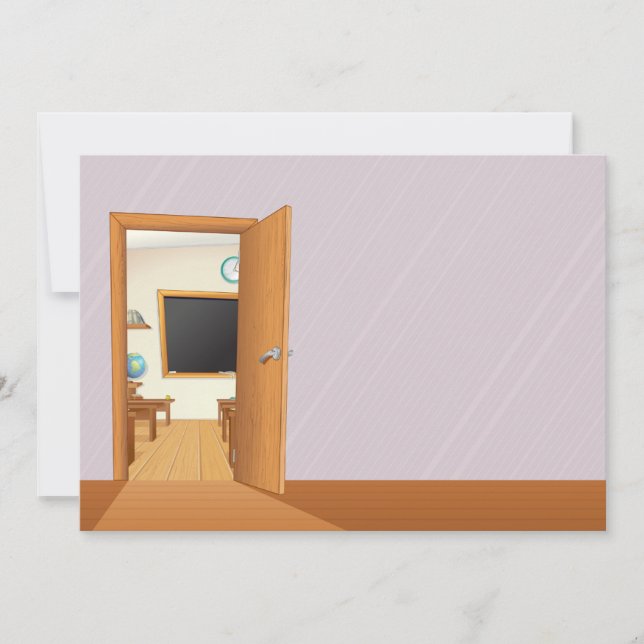 Klassenzimmer durch eine offene Tür Einladung (Vorderseite)