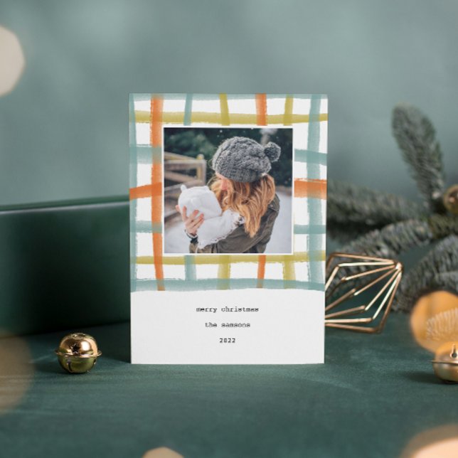 Klassenzimmer Kariert Urlaubsfotokarte | C Feiertagskarte (Watercolor painted classroom plaid photo Christmas card.)