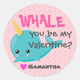 Klassenzimmer Narwhal Valentine "Whale you be mine Runder Aufkleber