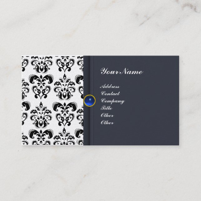 KLASSIGES DAMAST-MONOGRAMM blauer Saphir-Perle Visitenkarte (Vorderseite)