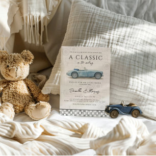 Klassiker im Werden Blaues Vintage-Auto-Baby-Showe Einladung