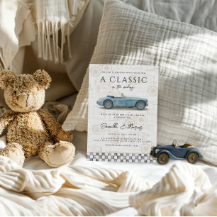 Klassiker im Werden Blaues Vintage-Auto-Baby-Showe Einladung