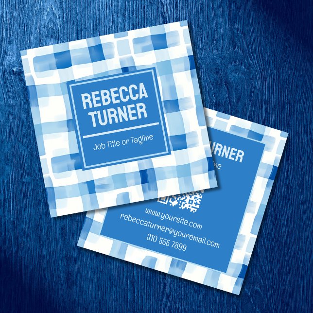 Klassisch Blau und Weiß Gingham Kariert, QR-Code Quadratische Visitenkarte (Von Creator hochgeladen)