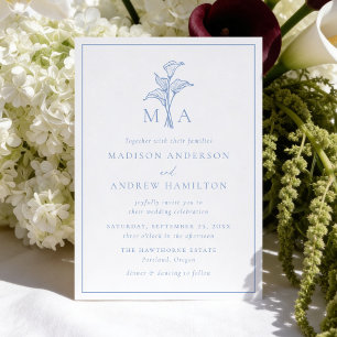 Klassisch blaue Calla-Lilien-Monogramm-Hochzeit Einladung