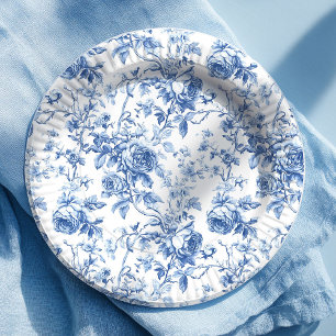 Klassisch blaue französische Toile-Rosen Blumen-Pa Pappteller