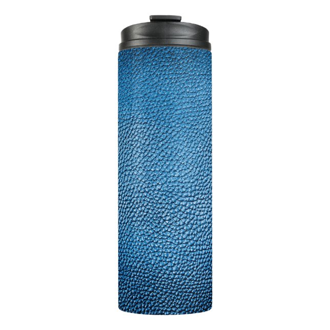 Klassisch blaue Lederhintergrundtextur Closeup.bl Thermosbecher (Vorderseite)