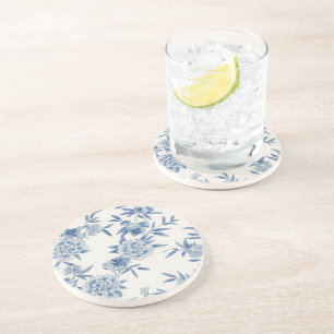 Klassisch blaues florales Toile-Wasserfarbenmuster Getränkeuntersetzer