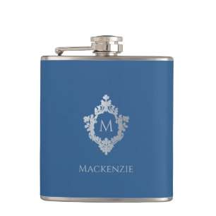 Klassisch Blaues Monogramm Name Vintage Wappen Ini Flachmann