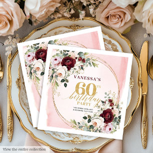 Klassisch Burgunder-Rosa-Blumen 60. Geburtstag Ser Serviette